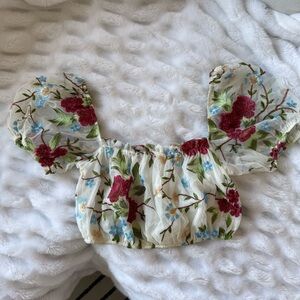 Floral Embroidered Sheer Puff Sleeve Top